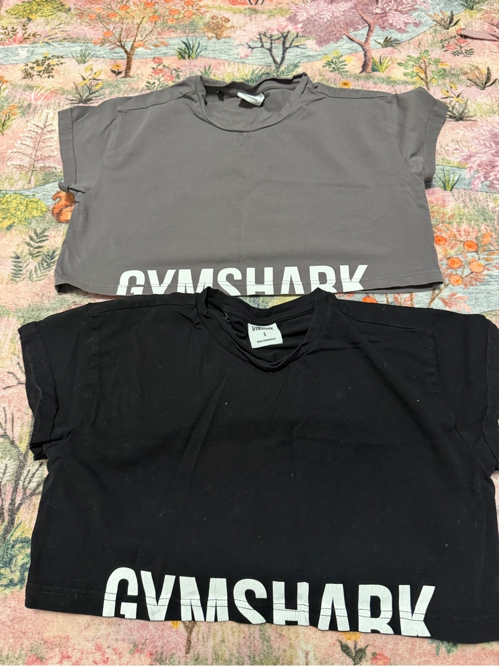 Set of 2 Gymshark Cropped Logo Tees with White Print, black and grey